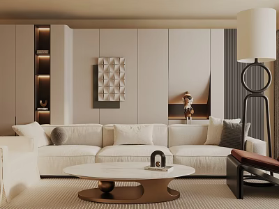 Modern Living Room Interior With Beige Sofa Round Coffee Table Floor Lamp And Wall Decor 3d model