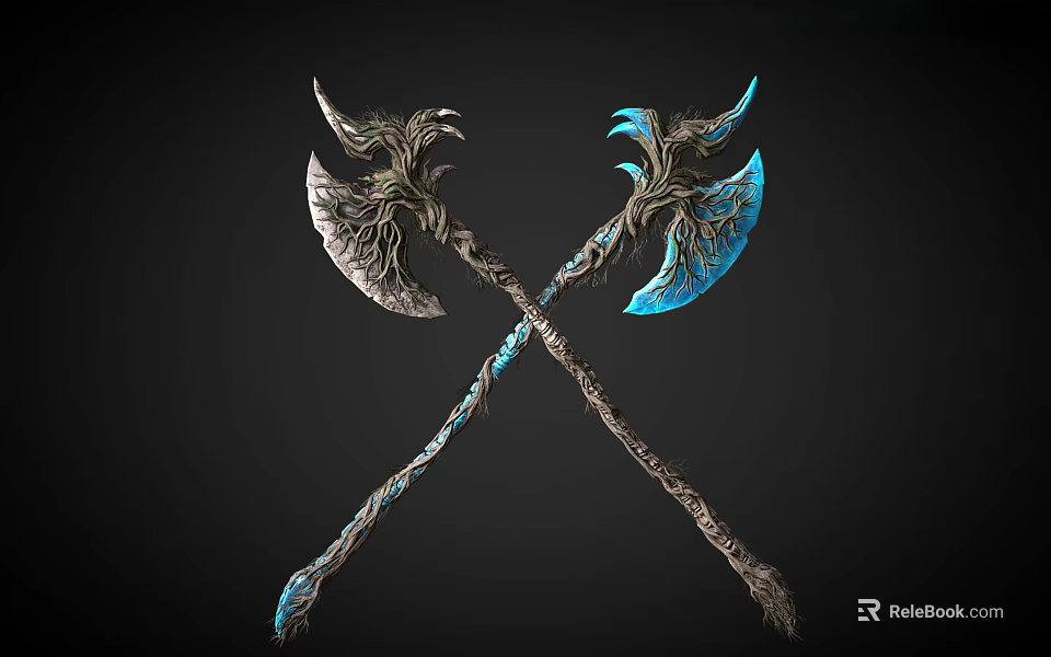 Two Crossed Fantasy Style Axes With Intricate Designs Blue And Silver Blades Vine Textured Handles 3d model 