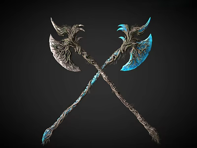 Two Crossed Fantasy Style Axes With Intricate Designs Blue And Silver Blades Vine Textured Handles 3d model