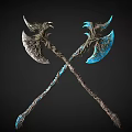 Two Crossed Fantasy Style Axes With Intricate Designs Blue And Silver Blades Vine Textured Handles