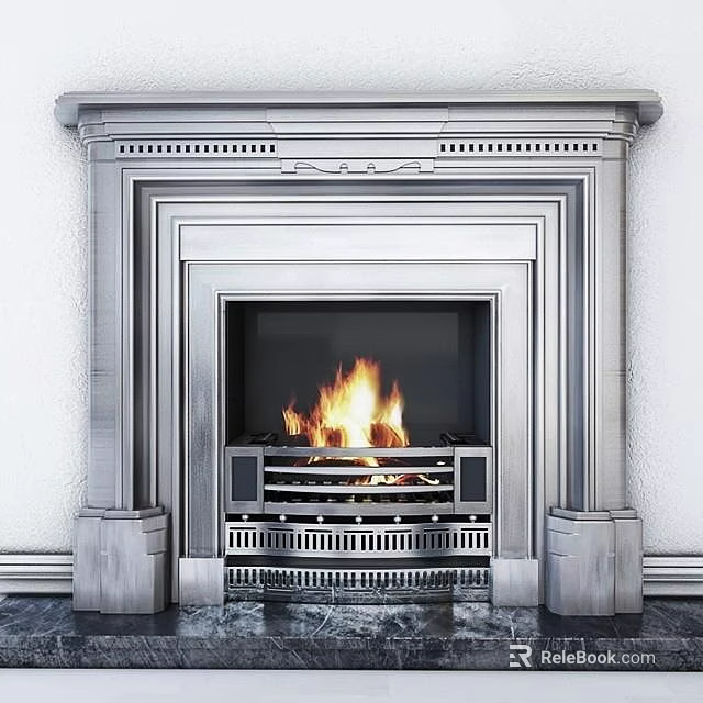 Elegant Silver Metal Fireplace With Burning Flames And Intricate Frame Design 3d model 