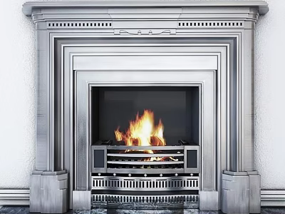 Elegant Silver Metal Fireplace With Burning Flames And Intricate Frame Design 3d model