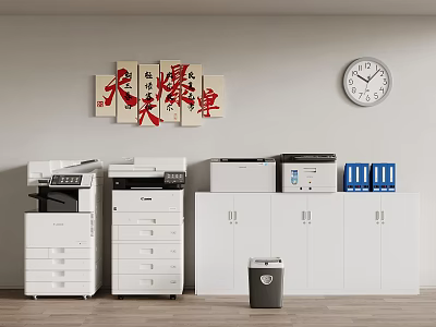 Office Appliances With Printers White Cabinets Blue Folders Wall Clock And Wall Decor 3d model