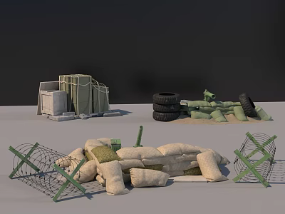 Military Weapons Storage Setup With Sandbags Tires Barbed Wire And Green Ammo Boxes 3d model