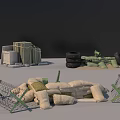 Military Weapons Storage Setup With Sandbags Tires Barbed Wire And Green Ammo Boxes