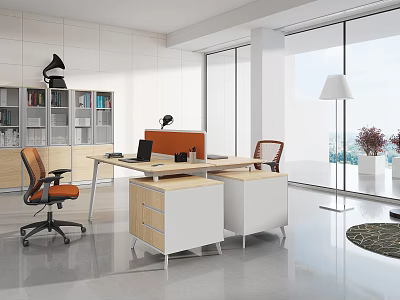 Modern Bright Public Office Space With Large Windows Work Desks Office Chairs And Cabinets 3d model
