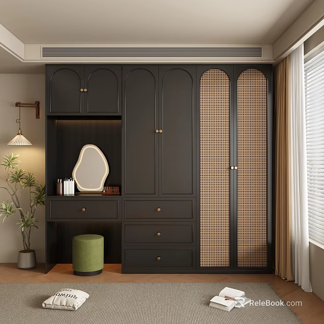 Modern Dark Gray Wardrobe with Rattan Doors and Vanity Mirror in Elegant Interior 3d model 