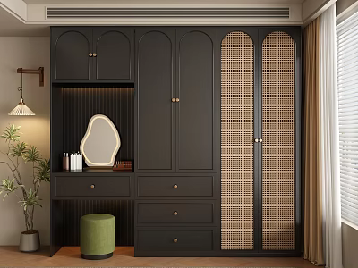 Modern Dark Gray Wardrobe with Rattan Doors and Vanity Mirror in Elegant Interior 3d model