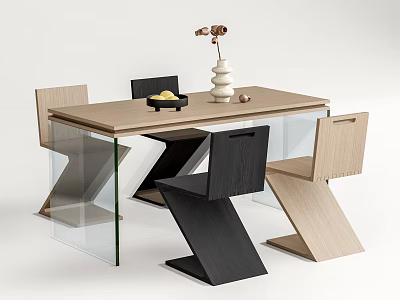 Modern Dining Table Set With Wooden Top Glass Legs And Mixed Color Chairs 3d model