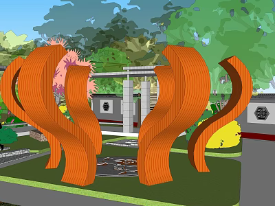 Abstract Orange Sculptures In Garden Landscape With Green Trees Decorative Gate And Water Feature 3d model