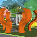 Abstract Orange Sculptures In Garden Landscape With Green Trees Decorative Gate And Water Feature