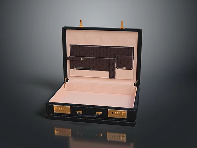 Elegant Black Open Suitcase Featuring Pink Lining And Golden Hardware 3d model