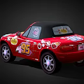 Red Cartoon Convertible Car With Big Eyes Floral Decals And Number 45