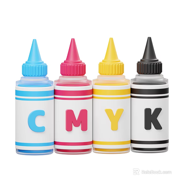 Ornamental Decoration Set Featuring Four CMYK Ink Bottles With Blue Pink Yellow Black Colors 3d model 