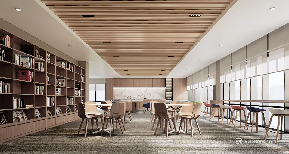 Modern Lounge Area With Wooden Ceiling Bookshelves And Comfortable Tables Chairs 3d model 