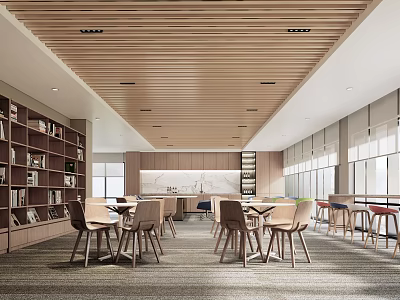 Modern Lounge Area With Wooden Ceiling Bookshelves And Comfortable Tables Chairs 3d model