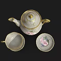 Elegant Tea Set With Teapot Cup Saucer Pink Roses And Gold Trim