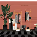 Clothing Rack With Hanging Clothes Accessories Near Decorative Pink Wall Green Plant On Checkerboard Floor