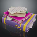 Stack of Books and Magazines with Purple Pink Covers Yellow Bands and Stacked Papers