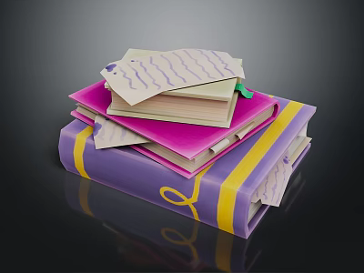 Stack of Books and Magazines with Purple Pink Covers Yellow Bands and Stacked Papers 3d model