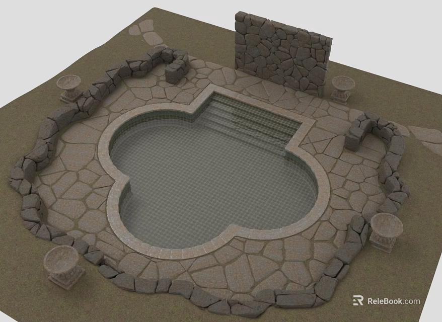 Courtyard Pool With Circular Shape Stone Wall Slab Floor And Decorative Columns 3d model 
