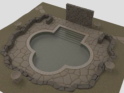 Courtyard Pool With Circular Shape Stone Wall Slab Floor And Decorative Columns 3d model