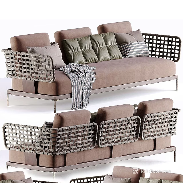 Modern Outdoor Sofa With Woven Armrests Metal Frame Brown Cushions And Throw Blanket 3d model 