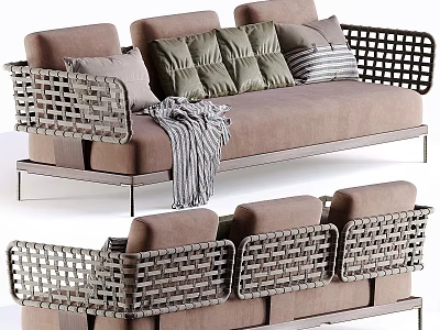 Modern Outdoor Sofa With Woven Armrests Metal Frame Brown Cushions And Throw Blanket 3d model