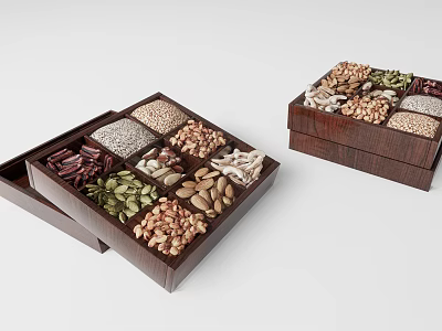 Assorted Nuts And Seeds In Wooden Trays With Divided Compartments 3d model
