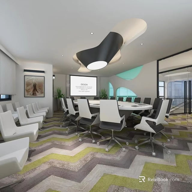 Modern Conference Room With Round Table White Chairs Projection Screen And Geometric Carpet 3d model 