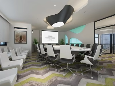 Modern Conference Room With Round Table White Chairs Projection Screen And Geometric Carpet 3d model