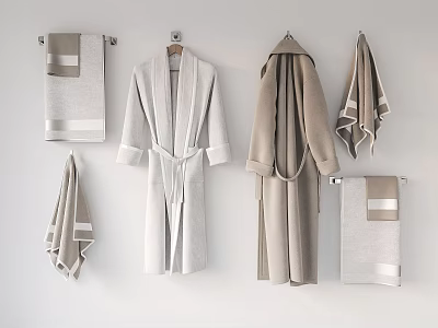 Soft Cotton Bath Robes and Towels Hanging on Wall Hooks in Neutral Tones 3d model