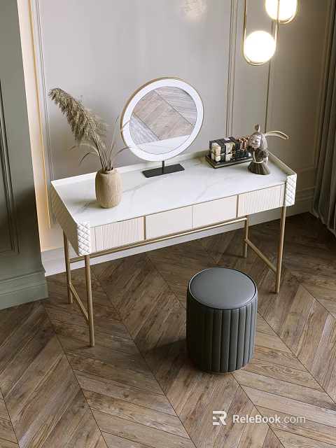 Modern Luxury Dressing Table with White Marble Top Gold Metal Legs Round Mirror Gray Stool 3d model 
