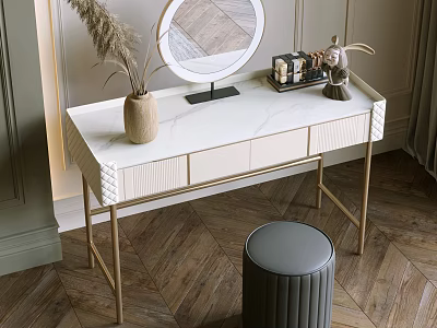 Modern Luxury Dressing Table with White Marble Top Gold Metal Legs Round Mirror Gray Stool 3d model