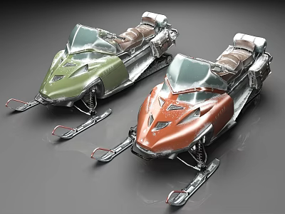 Two Green and Red Snowmobiles with Skis Windshields and Brown Seats 3d model
