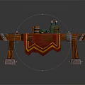 Rustic Wooden Table With Red Tablecloth Green Bottles Metal Accents And Carved Legs