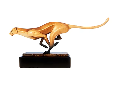 Wooden Cheetah Sculpture In Running Pose With Black Base Decorative Figurine 3d model