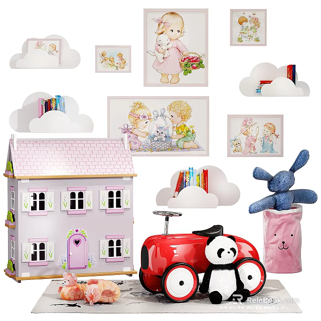 Cute Stuffed Dolls with Pink Dollhouse Red Toy Car Cloud-Shaped Bookshelves and Cartoon Wall Art 3d model 