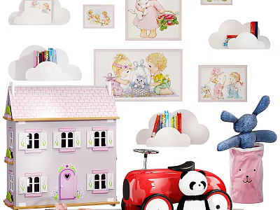 Cute Stuffed Dolls with Pink Dollhouse Red Toy Car Cloud-Shaped Bookshelves and Cartoon Wall Art 3d model