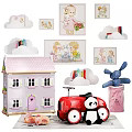Cute Stuffed Dolls with Pink Dollhouse Red Toy Car Cloud-Shaped Bookshelves and Cartoon Wall Art