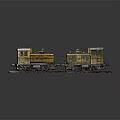 Two Yellow Old Rusty And Worn Train Models On Black Platform 3d model