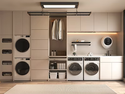 Modern Laundry Room Interior With Multiple Washing Machines Cabinets And Clothes Rack 3d model