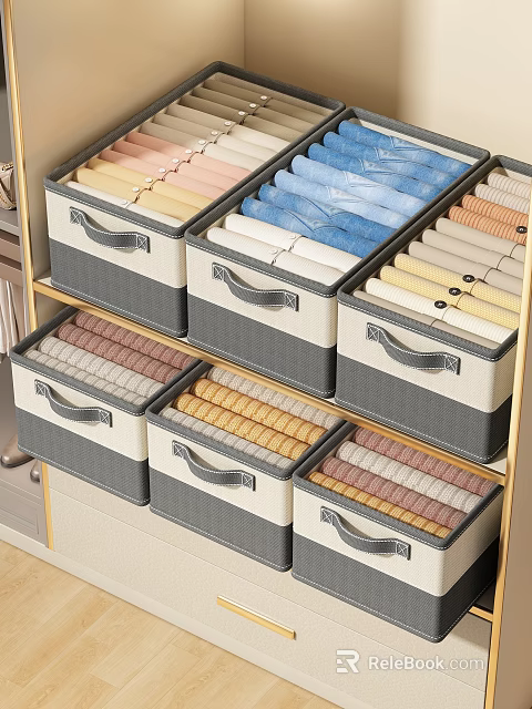 Neatly Folded Clothes Stored In Fabric Storage Boxes With Various Colorful Layers In Organized Drawers 3d model 