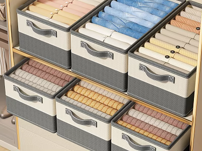 Neatly Folded Clothes Stored In Fabric Storage Boxes With Various Colorful Layers In Organized Drawers 3d model