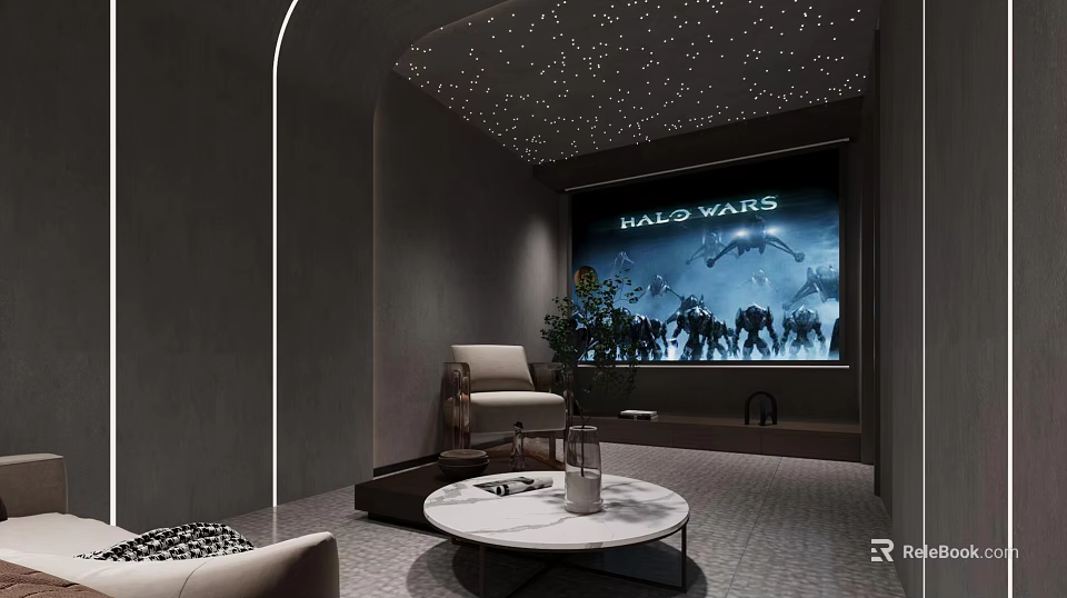 Modern Home Theater Room With Large Projection Screen Comfortable Seating And Starry Ceiling 3d model 