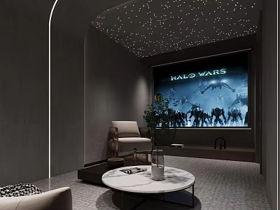 Modern Home Theater Room With Large Projection Screen Comfortable Seating And Starry Ceiling 3d model