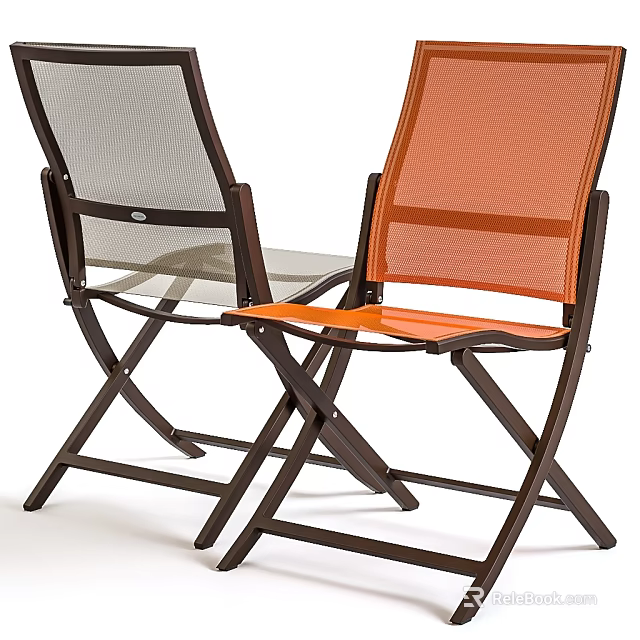 Gray and Orange Mesh Folding Outdoor Leisure Chairs with Brown Frame 3d model 