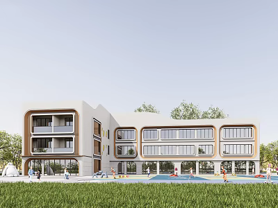 Modern Multi story Building With Lawn Swimming Pool And Residents Leisure Area 3d model