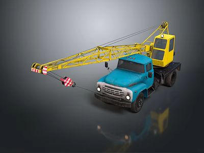 Blue And Yellow Truck Crane With Extended Boom And Hanging Hook 3d model