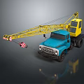 Blue And Yellow Truck Crane With Extended Boom And Hanging Hook